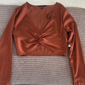 Satin Rust Twist-Front Long Sleeve Crop Top forever 21 small